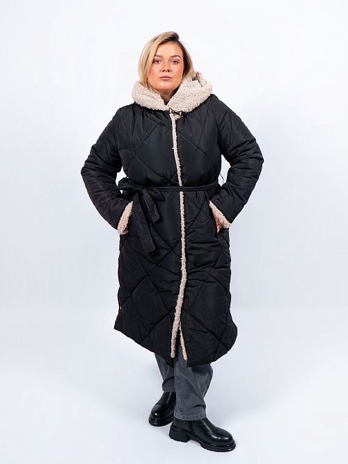 5УС-0209/1-932/933-1 Пальто плащевое женское утепленное черный ELECTRA STYLE 