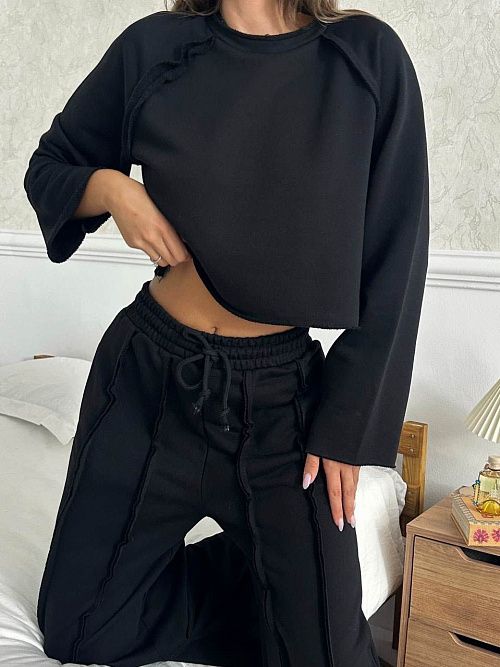 4623-black Комплект одежды лонгслив брюки женский черный Girl 