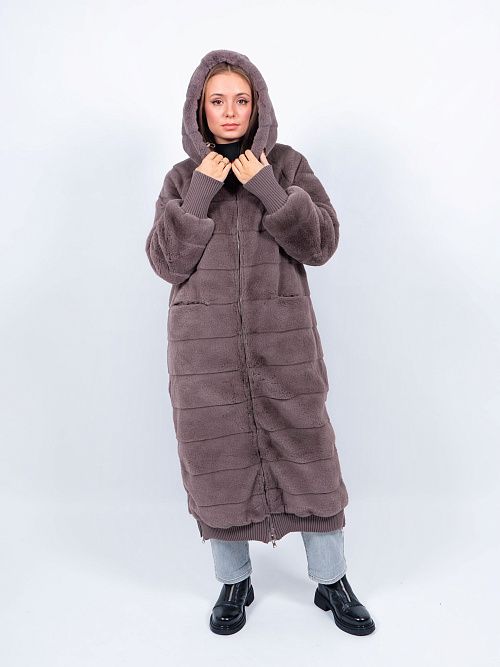 6ШУС-43009-951 Пальто женское меховое двухстороннее серый ELECTRA STYLE 