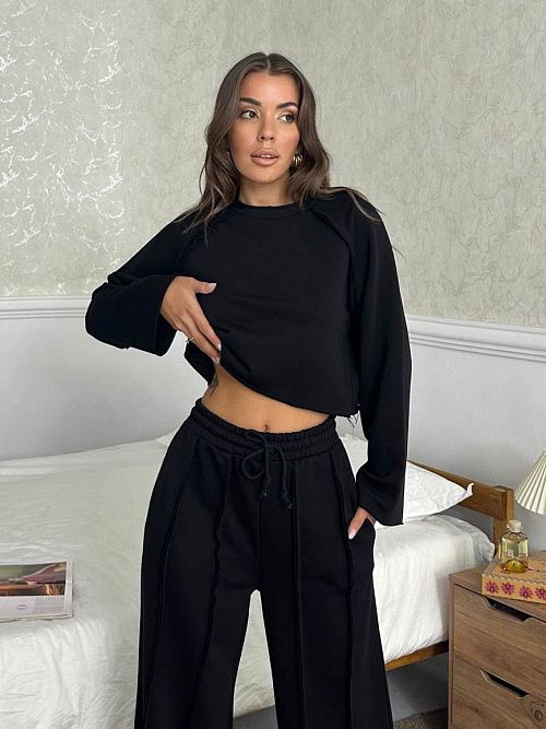 4623-black Комплект одежды лонгслив брюки женский черный Girl 