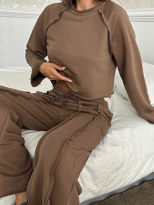 4623-brown Комплект одежды лонгслив брюки женский коричневый Girl 