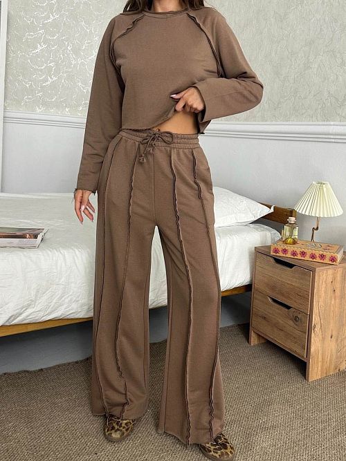 4623-brown Комплект одежды лонгслив брюки женский коричневый Girl 