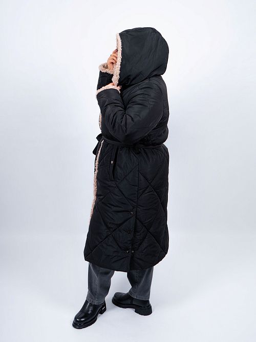 5УС-0209/1-932/933-1 Пальто плащевое женское утепленное черный ELECTRA STYLE 