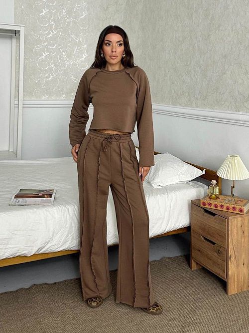 4623-brown Комплект одежды лонгслив брюки женский коричневый Girl 