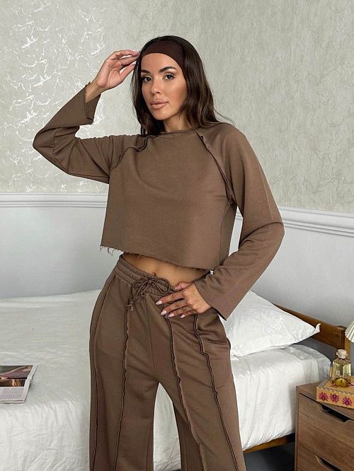 4623-brown Комплект одежды лонгслив брюки женский коричневый Girl 