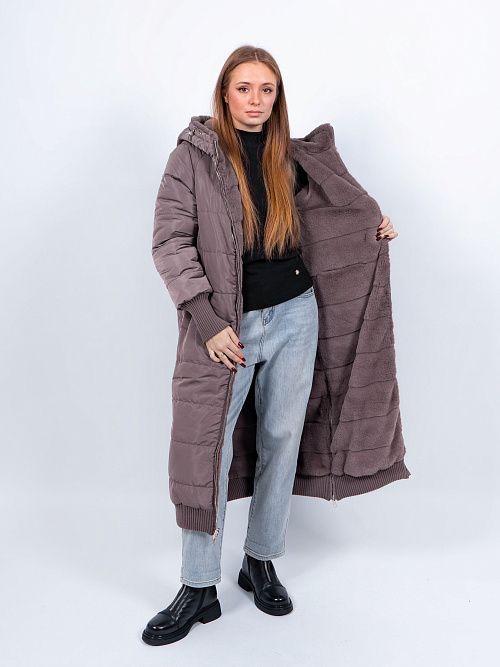 6ШУС-43009-951 Пальто женское меховое двухстороннее серый ELECTRA STYLE 