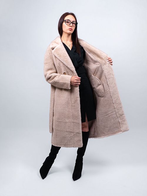 5ШД-43015-956 Пальто меховое женское кремовый ELECTRA STYLE 