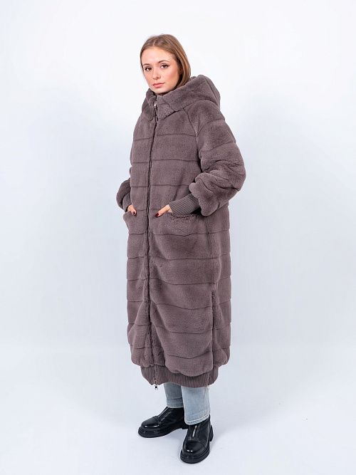 6ШУС-43009-951 Пальто женское меховое двухстороннее серый ELECTRA STYLE 